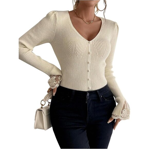 Sweaters - Women's V Neck Lace Sweater Long Sleeve Pearl Beaded Rib Knit Top